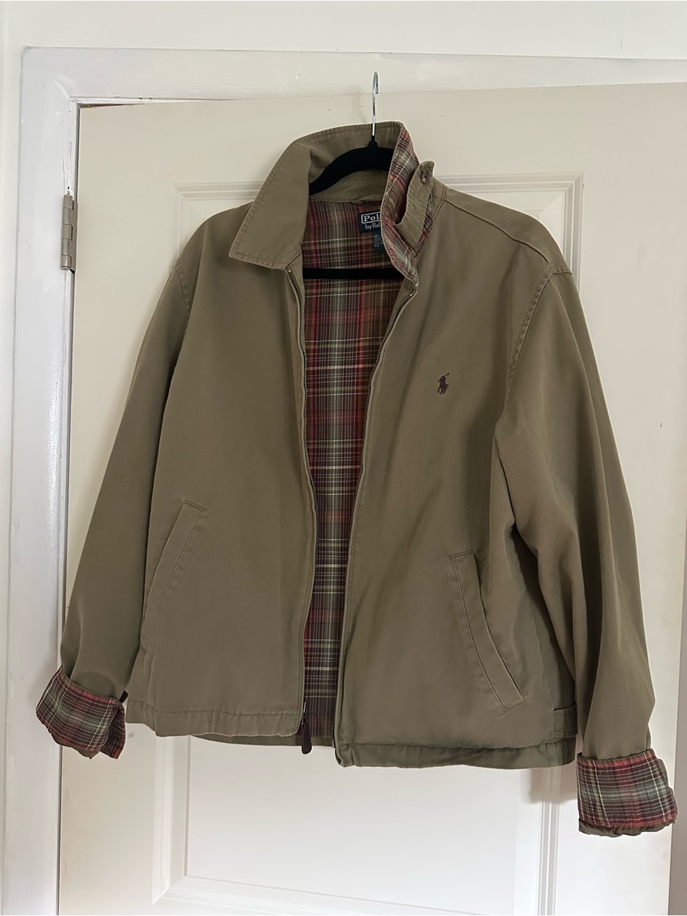 Vintage Ralph Lauren Olive Green Cotton Harrington Jacket with Tartan Lining
